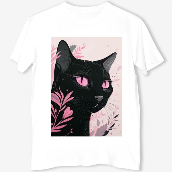 Футболка «Черная кошка в розовом цвете»