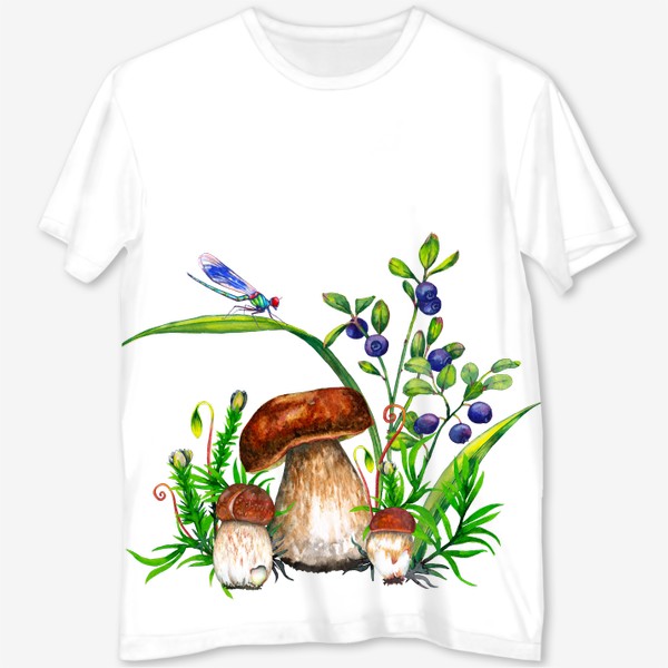 Футболка с полной запечаткой «Семейка боровиков Белые грибы, черника, лесная трава, голубая стрекоза Подарок для грибника»