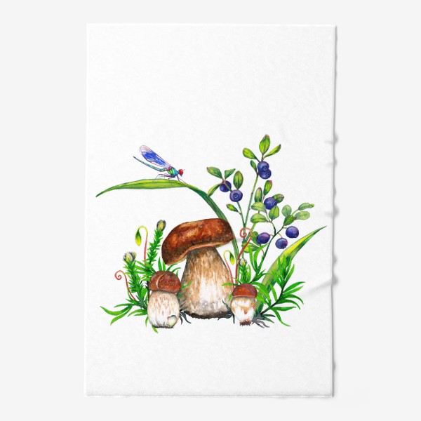 Полотенце &laquo;Семейка боровиков Белые грибы, черника, лесная трава, голубая стрекоза Подарок для грибника&raquo;