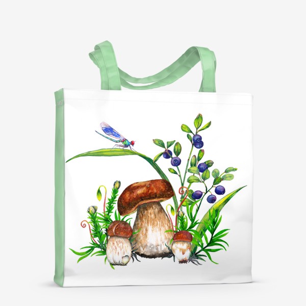 Сумка-шоппер «Семейка боровиков Белые грибы, черника, лесная трава, голубая стрекоза Подарок для грибника»