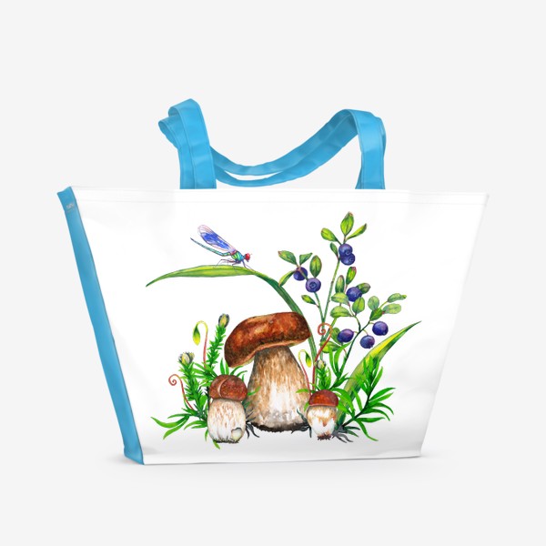 Пляжная сумка «Семейка боровиков Белые грибы, черника, лесная трава, голубая стрекоза Подарок для грибника»