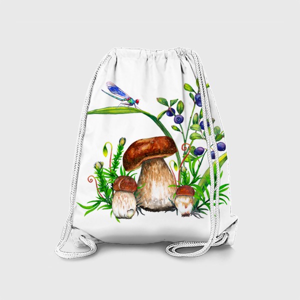 Рюкзак «Семейка боровиков Белые грибы, черника, лесная трава, голубая стрекоза Подарок для грибника»