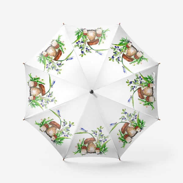 Зонт «Семейка боровиков Белые грибы, черника, лесная трава, голубая стрекоза Подарок для грибника»
