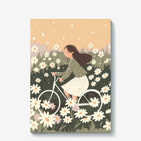 Холст «Девушка, велосипед, ромашки»