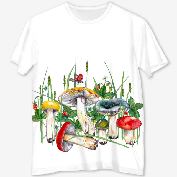 Футболка с полной запечаткой «Разноцветные сыроежки Лесные грибы и земляника в траве Подарок для грибника»