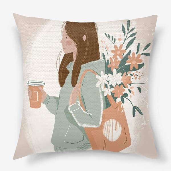 Подушка «Кофе, девушка, цветы»