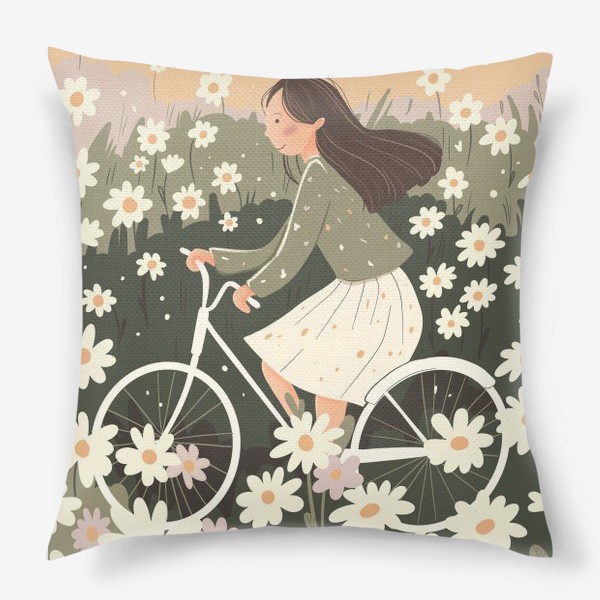Подушка «Девушка, велосипед, ромашки»