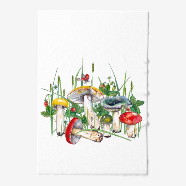 Полотенце «Разноцветные сыроежки Лесные грибы и земляника в траве Подарок для грибника»