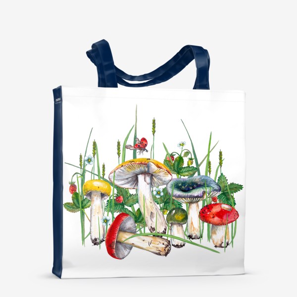 Сумка-шоппер «Разноцветные сыроежки Лесные грибы и земляника в траве Подарок для грибника»