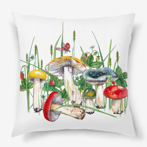Подушка «Разноцветные сыроежки Лесные грибы и земляника в траве Подарок для грибника»