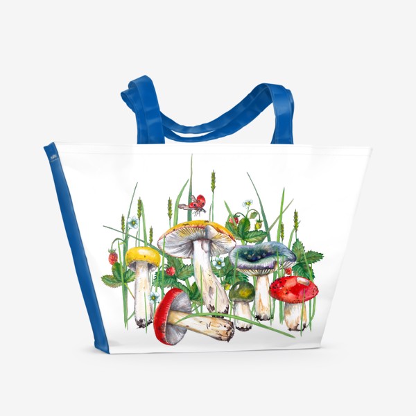 Пляжная сумка «Разноцветные сыроежки Лесные грибы и земляника в траве Подарок для грибника»