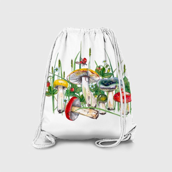 Рюкзак «Разноцветные сыроежки Лесные грибы и земляника в траве Подарок для грибника»
