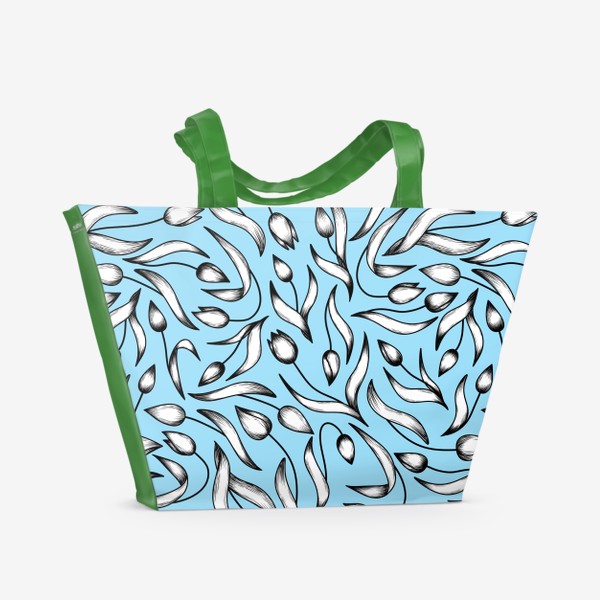 Пляжная сумка «Тюльпаны в графике на голубом - паттерн»