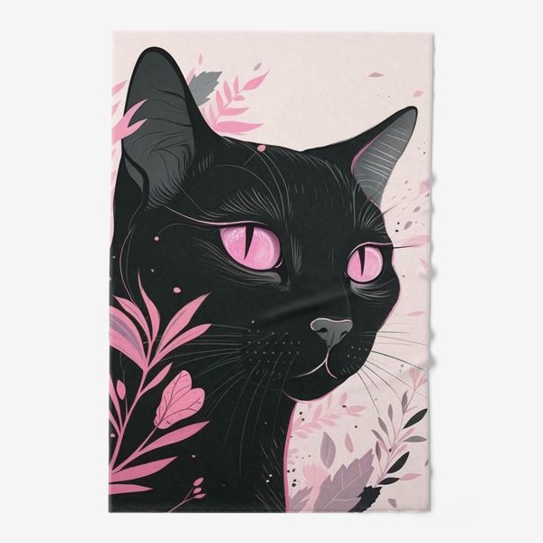 Полотенце «Черная кошка в розовом цвете»