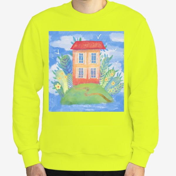 Свитшот «Красный дом на море. Акварельная иллюстрация красного здания на синем море»