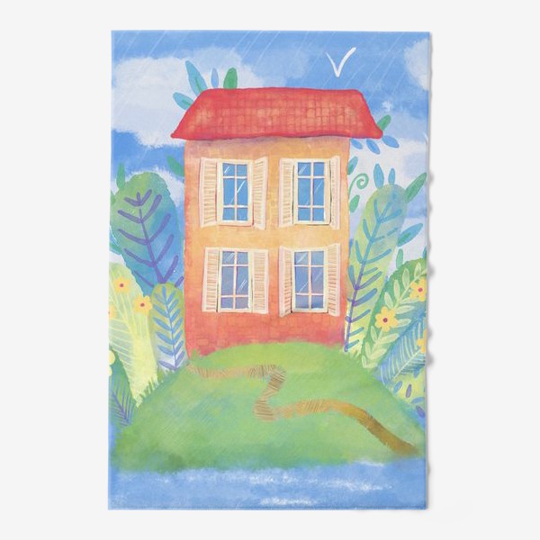 Полотенце «Красный дом на море. Акварельная иллюстрация красного здания на синем море»