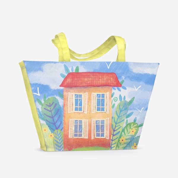 Пляжная сумка «Красный дом на море. Акварельная иллюстрация красного здания на синем море»