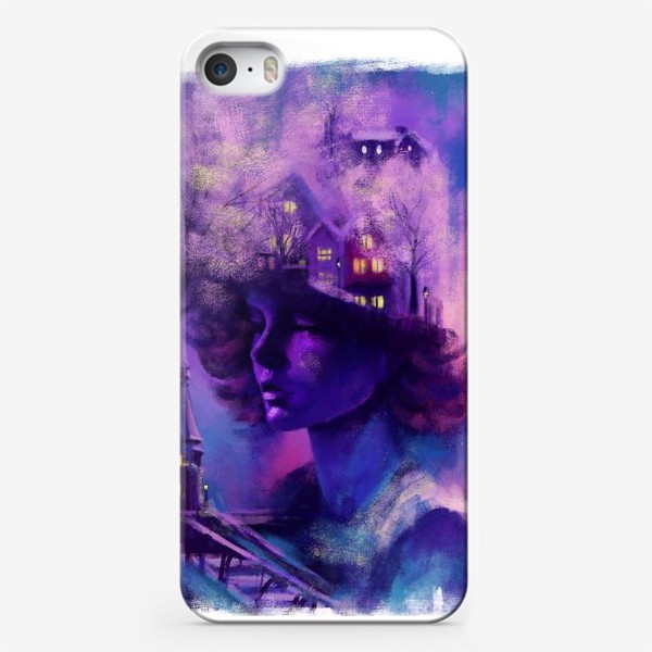 Чехол iPhone «Душа города, абстрактный принт с девушкой и городом в фиолетовых и сиреневых с синим и розовым тонах»