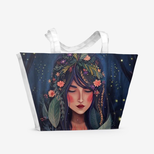 Пляжная сумка «Душа леса, красивая девушка с лисой»