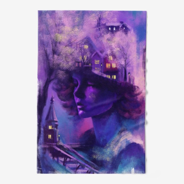 Полотенце «Душа города, абстрактный принт с девушкой и городом в фиолетовых и сиреневых с синим и розовым тонах»