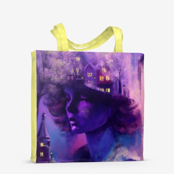 Сумка-шоппер «Душа города, абстрактный принт с девушкой и городом в фиолетовых и сиреневых с синим и розовым тонах»