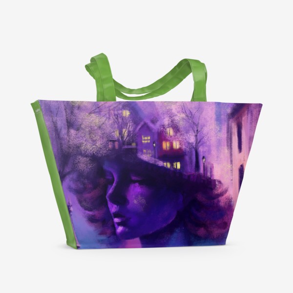 Пляжная сумка «Душа города, абстрактный принт с девушкой и городом в фиолетовых и сиреневых с синим и розовым тонах»