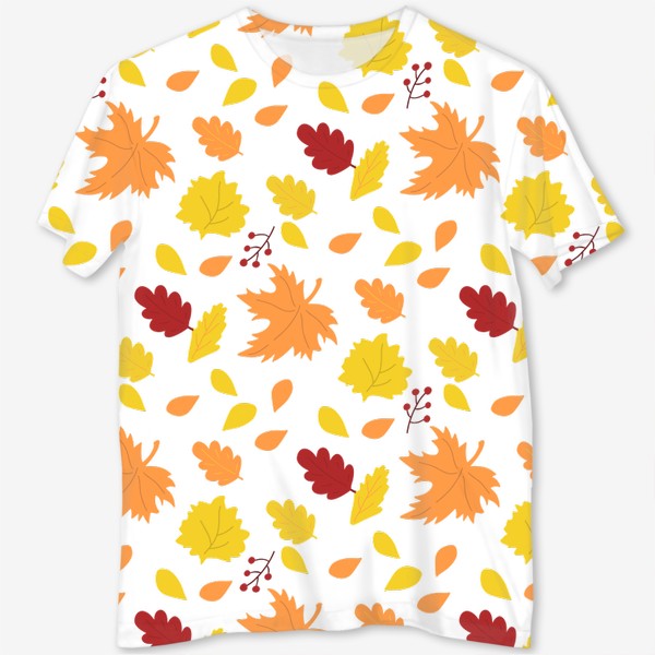 Футболка с полной запечаткой «Осенние листья паттерн. Клен, береза, дуб. Красные, желтые, оранжевые листья»