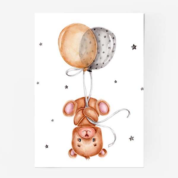 Постер «Забавный мишка летит на шарах вниз головой»