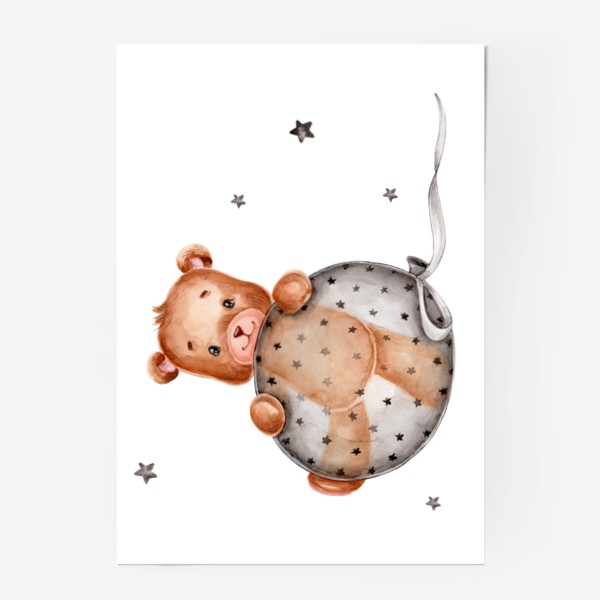 Постер «Мишка с серым воздушным шариком и звездами»