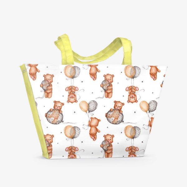 Пляжная сумка «Паттерн с забавными мишками, воздушными шарами и звездами»