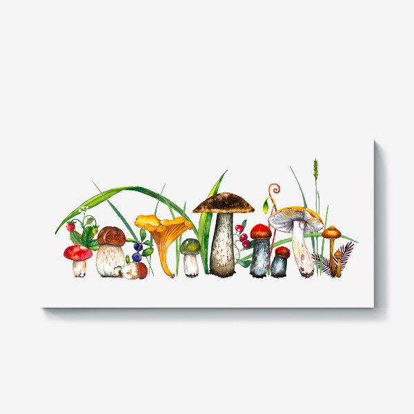 Холст «Лесные летние грибы и ягоды в траве Грибнику в подарок»