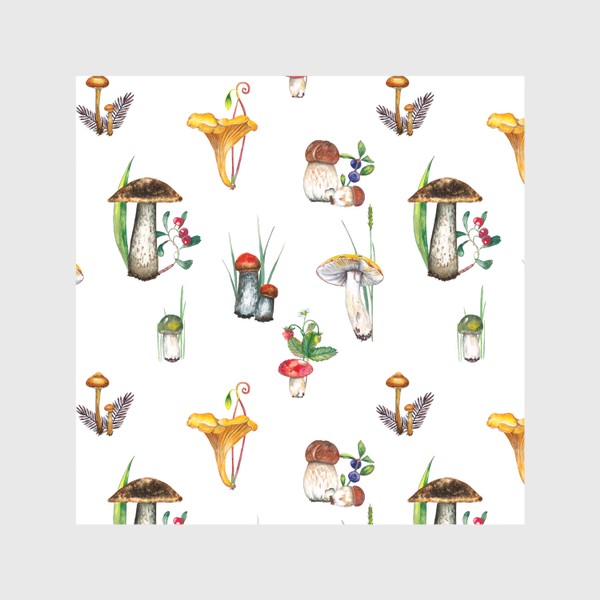 Скатерть «Лесные летние грибы и ягоды в траве Паттерн Грибнику в подарок»