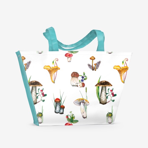 Пляжная сумка «Лесные летние грибы и ягоды в траве Паттерн Грибнику в подарок»