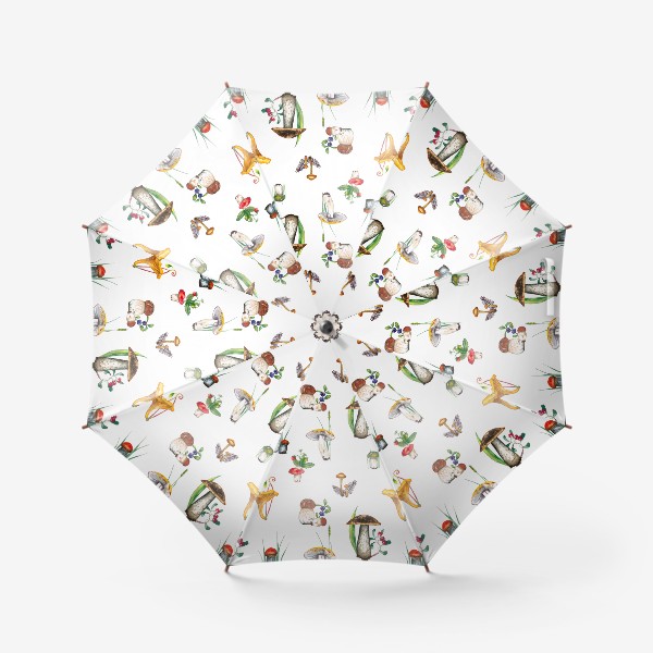 Зонт «Лесные летние грибы и ягоды в траве Паттерн Грибнику в подарок»