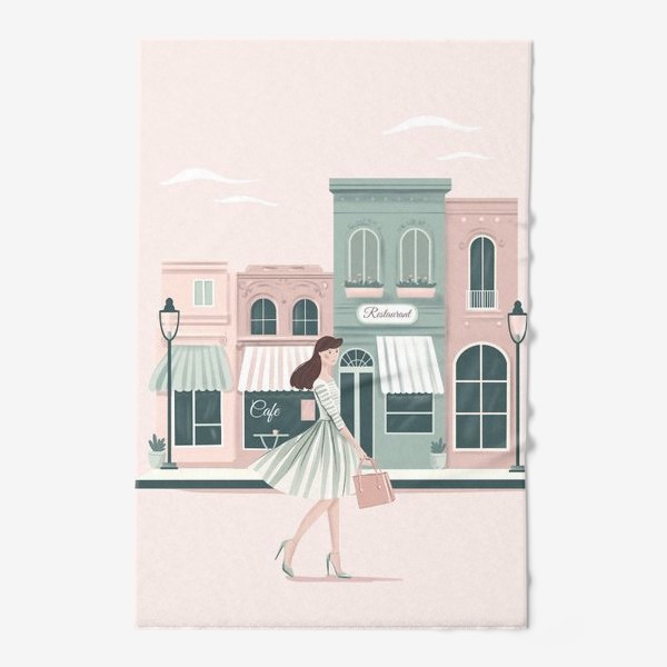 Полотенце «Девушка в городе, мятный и розовый цвет»