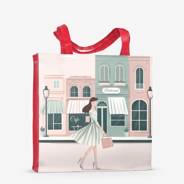 Сумка-шоппер «Девушка в городе, мятный и розовый цвет»