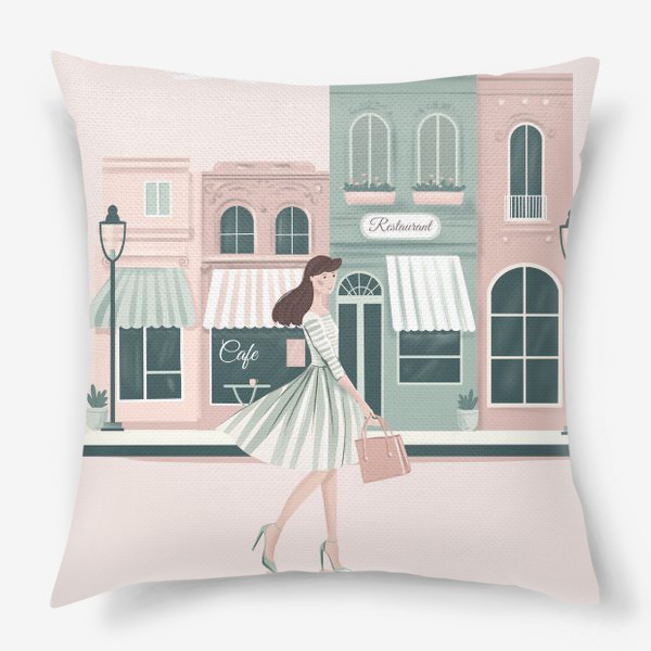 Подушка «Девушка в городе, мятный и розовый цвет»