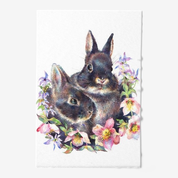 Полотенце «Черные кролики , цветы ,черный ,розовый ,семья»