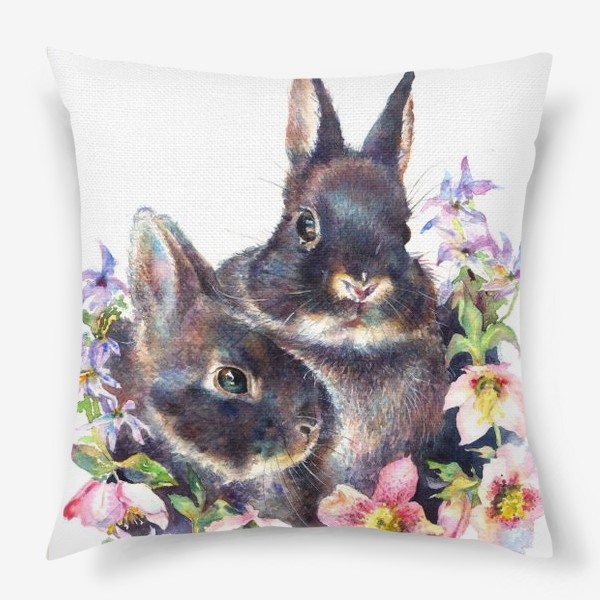 Подушка «Черные кролики , цветы ,черный ,розовый ,семья»