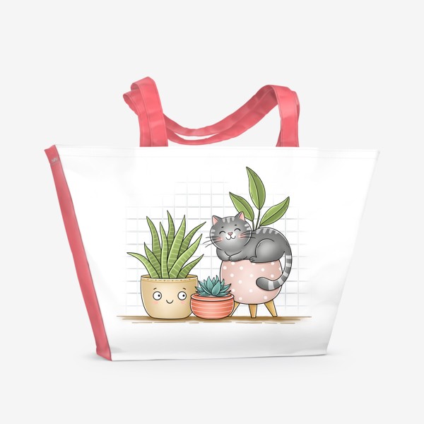 Пляжная сумка «Котик в цветочном горшке»