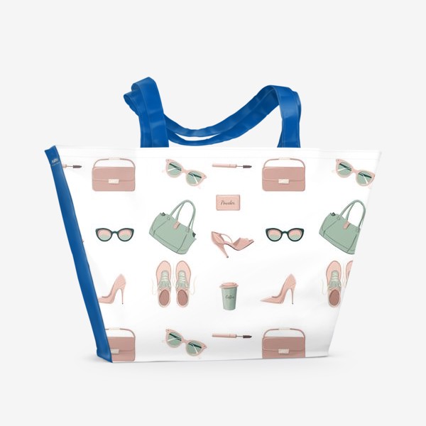 Пляжная сумка «Паттерн фэшн, мятный и розовый, белый фон»