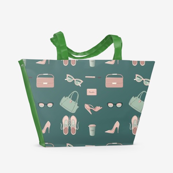 Пляжная сумка «Паттерн фэшн, мятный и розовый, зелёный фон»