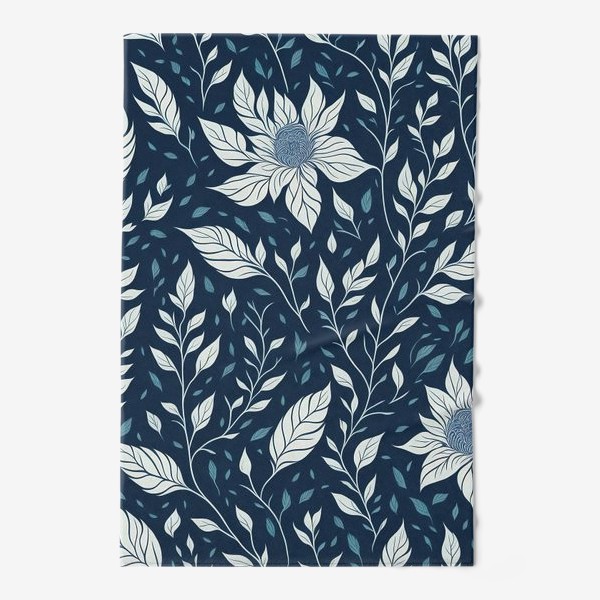 Полотенце «Белые цветы на синем фоне, паттерн»