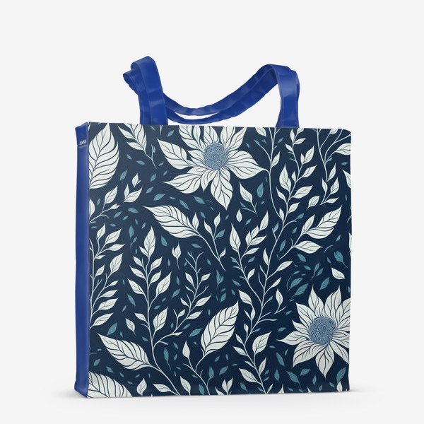 Сумка-шоппер «Белые цветы на синем фоне, паттерн»
