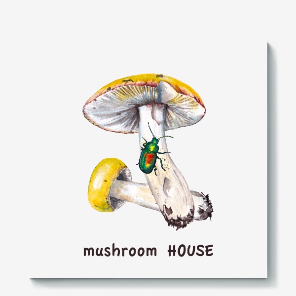Холст «Mushroom house Желтые лесные грибы сыроежки и зеленый жук бронзовик Грибнику в подарок »
