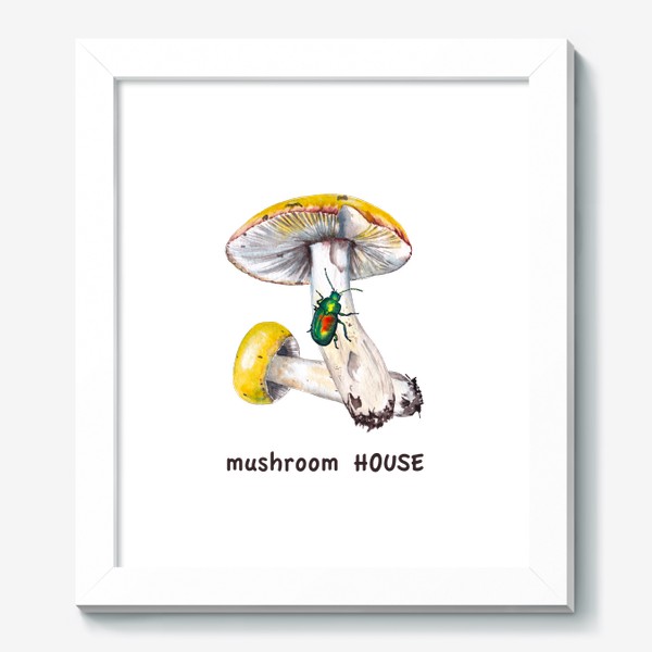 Картина «Mushroom house Желтые лесные грибы сыроежки и зеленый жук бронзовик Грибнику в подарок »