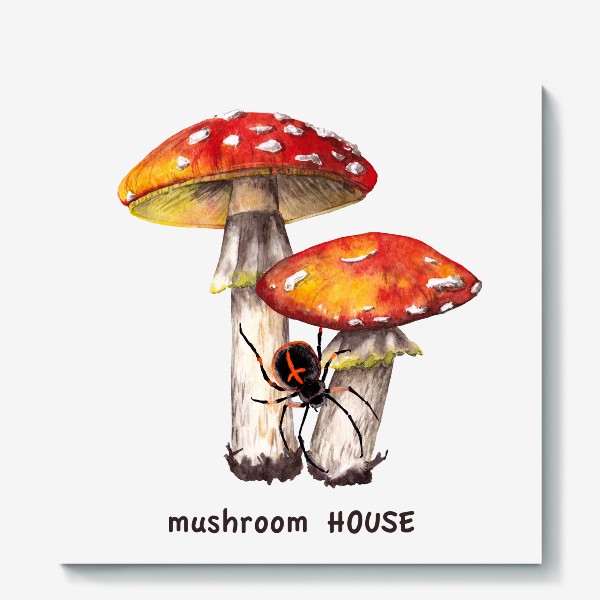 Холст «Mushroom house Лесные грибы красные мухоморы и черный паук крестовик Грибнику в подарок »