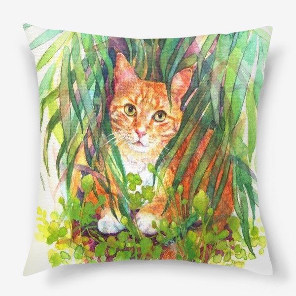 Подушка «Рыжий кот , котик ,трава ,зеленый»