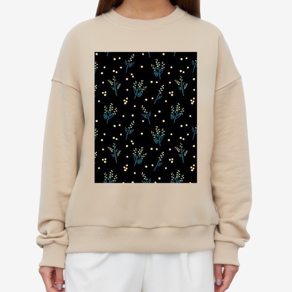 Свитшот «Цветы мимозы на черном фоне Мимоза принт с мимозой»