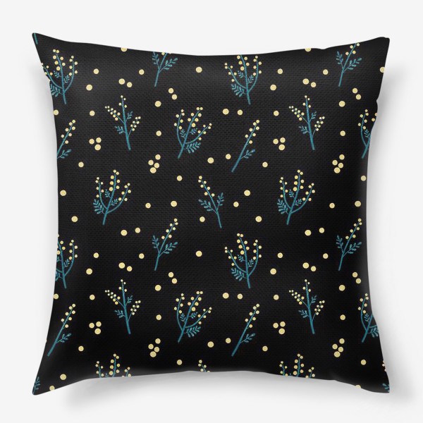 Подушка «Цветы мимозы на черном фоне Мимоза принт с мимозой»